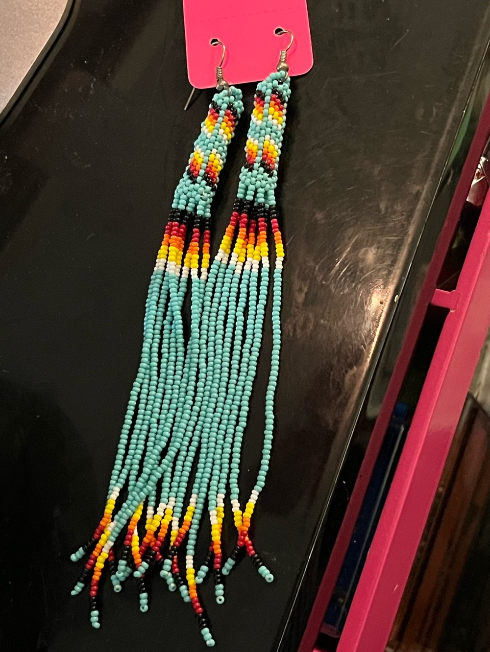 Native American style beaded earrings turquoise multi-colored fire stripes~long